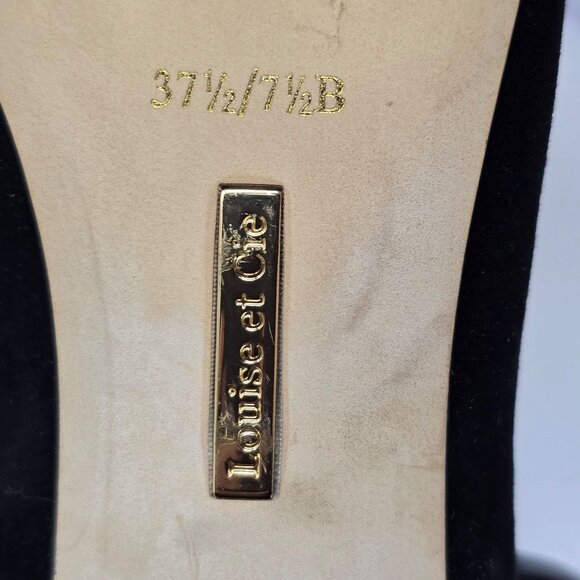 Louise Et Cie Black Suede Peep Toe Heels With Geometric Gold Block Heel Design S - Picture 5 of 7